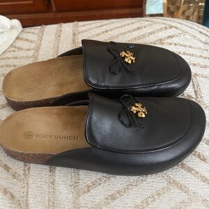 Tory Burch Black Leather Mules with Gold Accent